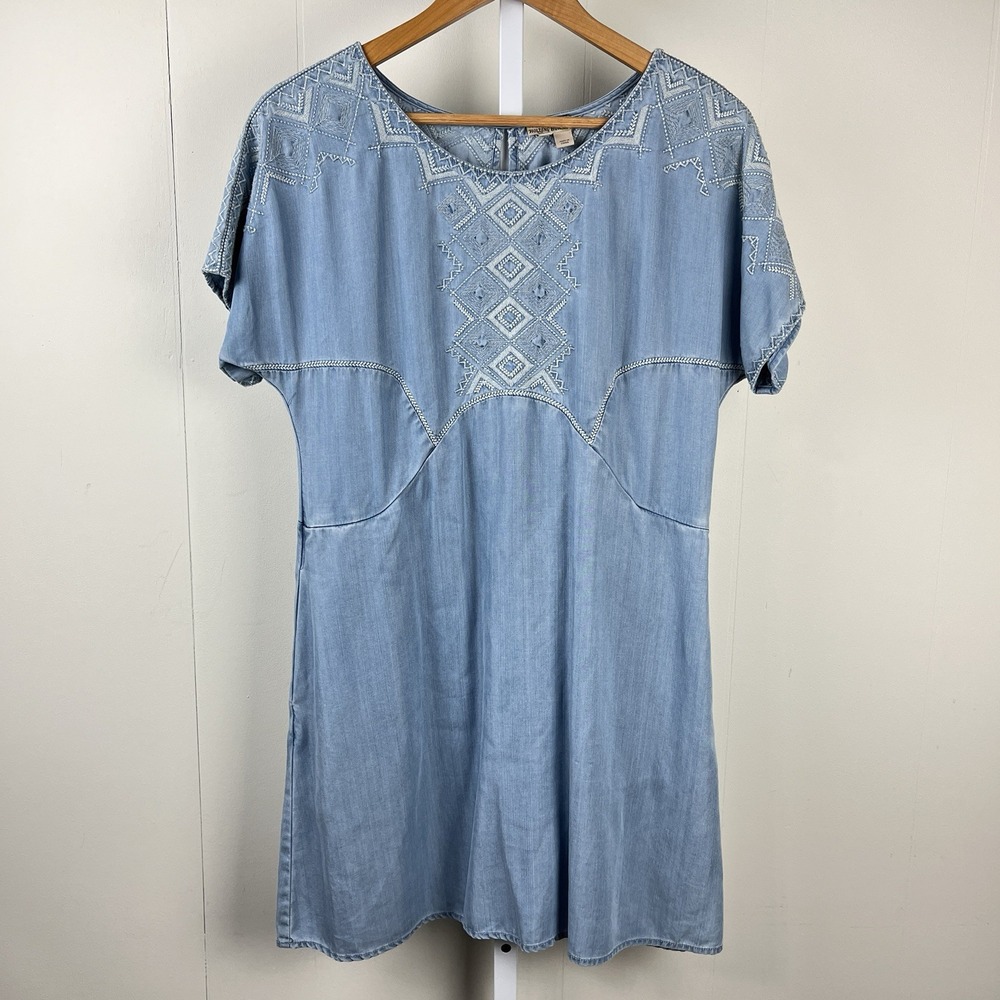 Anthropologie Holding Horses Dress Womens XS‎ Blue Chambray Embroidered Western